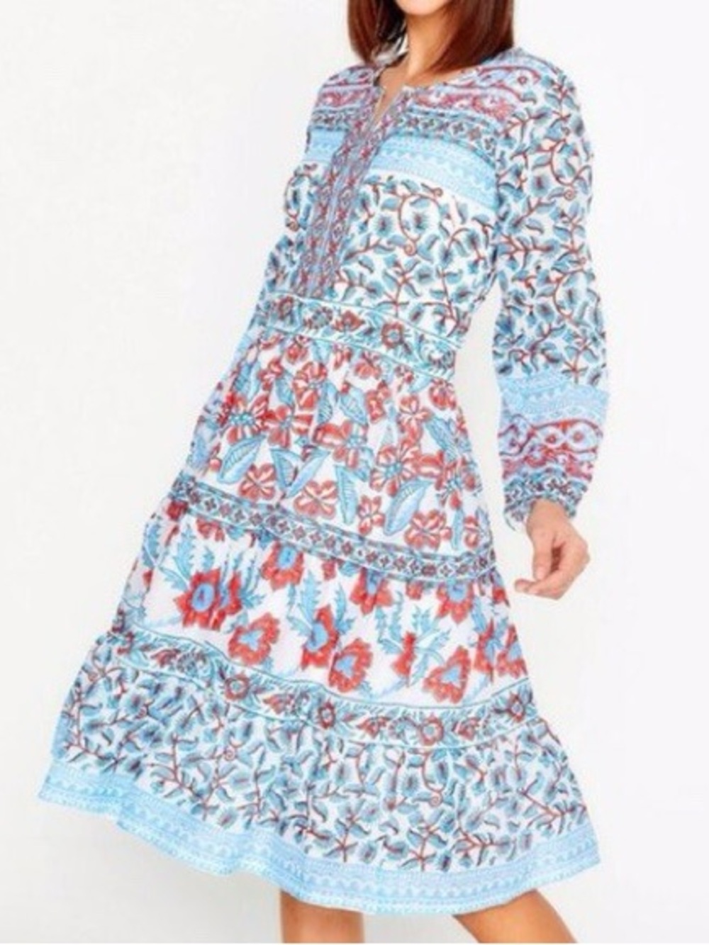 Bella TubBoho Floral Tiered Midi Dress Light Blue & Coral Resort Lightweight M